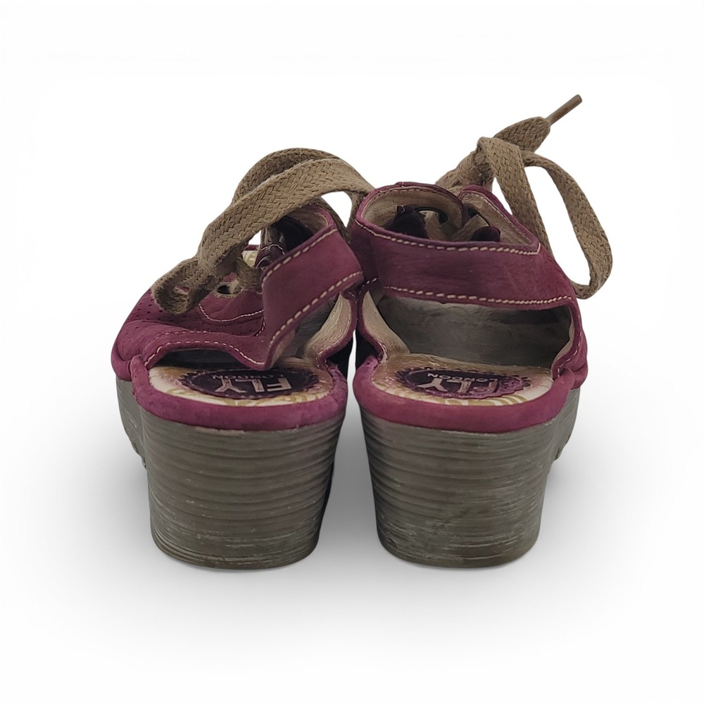 Fly London Womens 37 Wedge Sandals Lace Up Yuta‎ Maroon Leather Comfort Shoes - Picture 4 of 6